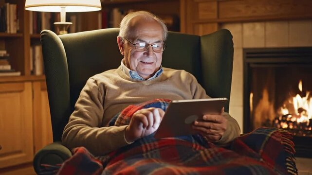 Elderly man relaxing in a cozy armchair by the fireplace, reading