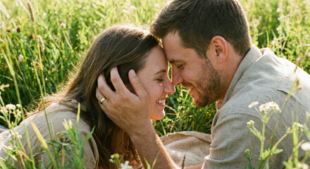 Romantic couple touching foreheads in summer meadow