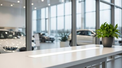 Modern white reception desk with a plant, overlooking a blurred bright car showroom interior with large windows