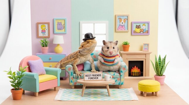 Best Friends: Bearded Dragon and Hamster in Miniature Living Room