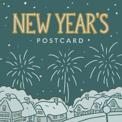 Vintage New Year Celebration with Fireworks Illustration