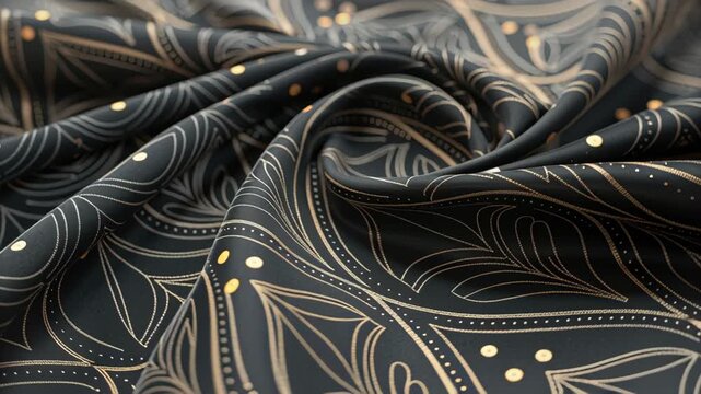 Afrocentric graphic design Elegant Black Fabric with Intricate Gold Patterns, Featuring Swirling Floral Designs and Dots, Creating Luxurious