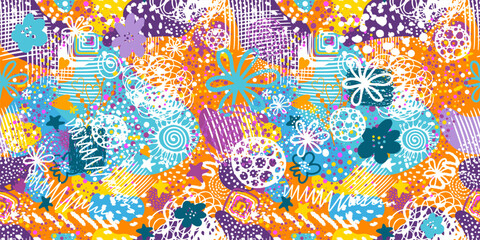 Seamless background abstract colorful bright children's. for packaging, textiles, decor, children's decoration . Hand drawn. Not AI, vector illustration.