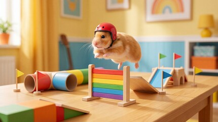 Hamster in Helmet Jumping Obstacle Course