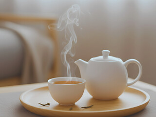 Fototapeta premium Minimalist Still Life Hot Cup and Teapot on Wood Tray