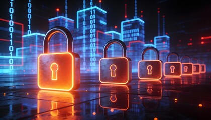 glowing digital firewall wall blocking cyber attack, cybersecurity protection concept 