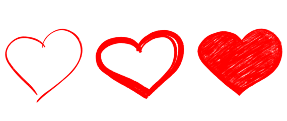 Three red heart icons in a row drawn in different sketchy styles, ranging from thin outline to thick fill. Concept for love, emotion, and graphic design