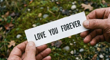 A pair of hands holds a white rectangular card printed with the words "LOVE YOU FOREVER" over a mossy ground background.