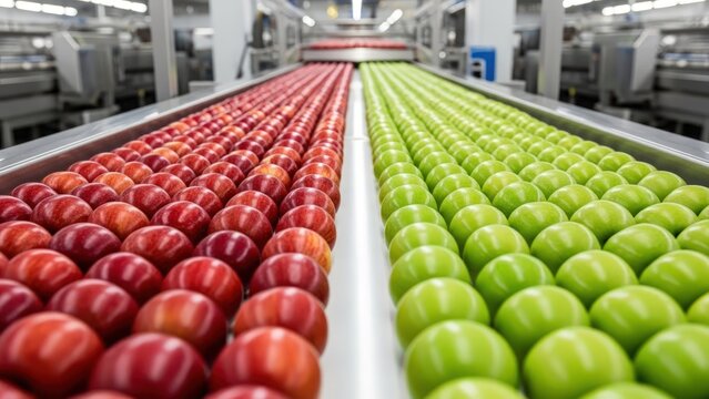 Hundreds of red and green apples sorted on parallel conveyor belts in a modern food processing facility