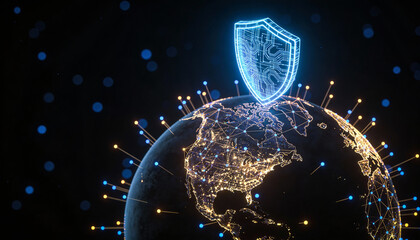 Digital globe with connected fintech nodes, protected by holographic credit card shield, glowing blue cyber network 