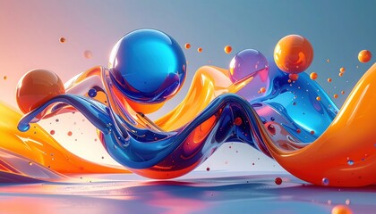 Fluid abstract composition featuring smooth blue and orange liquid splashes with floating glossy spheres