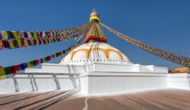 Boudhanath stupa prayer flags Kathmandu buddhism Nepal