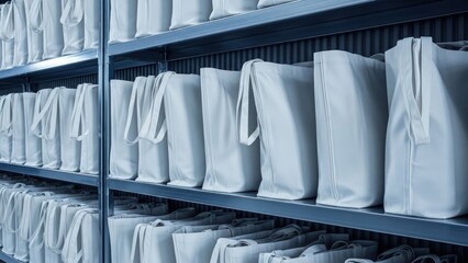 Rows of identical white fabric tote bags are neatly stored on cool-toned metal shelves in an organized warehouse