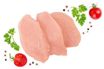 Raw chicken, fillet, isolated on white background. Top view. Flat lay