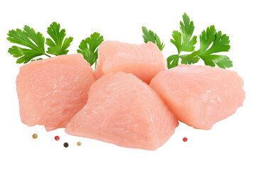 Plakat Raw diced chicken fillet isolated on white background with full depth of field.