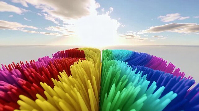 Colorful Rainbow Bristles Create Vibrant Beach Sunset Scene.