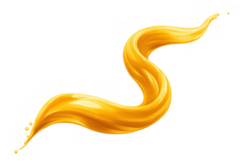Dynamic yellow fluid splash creating a twisting wave, liquid shape with droplets, transparent background