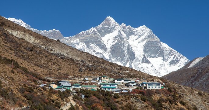 Mount Lhotse peak and Shomare village