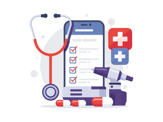 Fototapeta premium A medical professional's smartphone with a checklist and healthcare icons, surrounded by medical tools and pills.