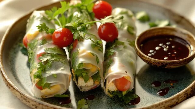 A delicious assortment of fresh vegetable spring rolls, garnished with herbs and tomatoes, served with a tangy dipping sauce. Perfect for any occasion or to enjoy as a healthy appetizer.