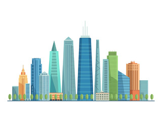 Fototapeta premium A vibrant cityscape with modern skyscrapers and trees on a white background