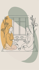 Tranquil Tea Ceremony with Blooming Flowers