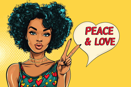 In a vibrant pop art retro comic style setting, a sexy African American hippie woman in glasses is depicted showing a pacific sign and a victory sign, with a speech bubble expressing peace and love,