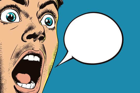 In a comic bubble, the face of a cartoon man displays an extremely expressive reaction