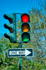 New Orleans street view featuring traffic signal with city buildings in background