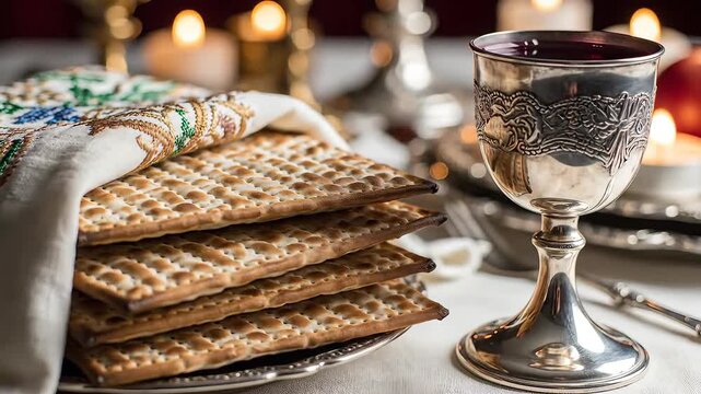 Passover Seder Table with Matzah and Wine Goblet.