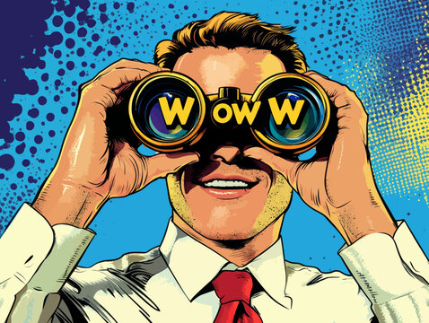 In a modern illustration with a retro comic aesthetic, a surprised man is shown with his mouth open, binoculars in hand, and the word 'wow' inscribed in the reflection