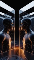 Abstract AI Body Reflection in Dark Technology World