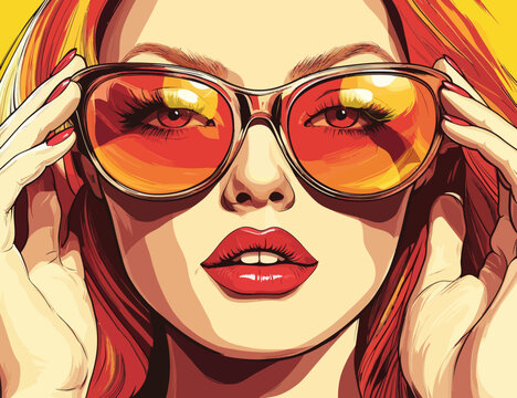 A pop art style poster showcases a red-haired girl wearing sunglasses, inspired by the 60-80s era, with an open mouth and a look of surprise