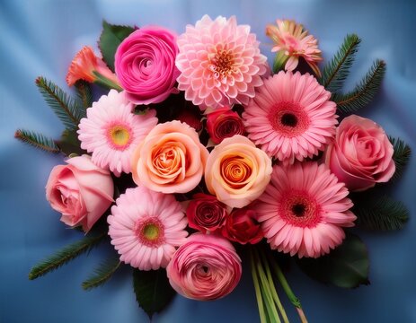 vibrant bouquet with pink peach roses gerbera daisies dahlias bringing joy a beautiful of flowers featuring pink - Powered by Adobe