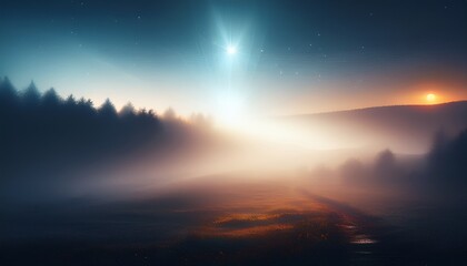 Fototapeta premium two bright lights shining on a foggy misty landscape