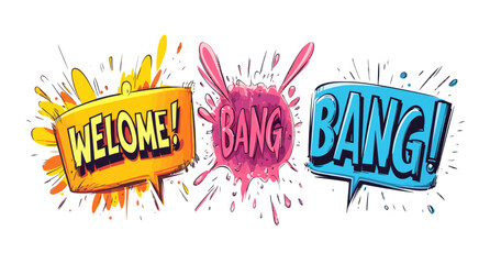 The modern illustration design of a pop art style icon includes a set of expressions and explosions