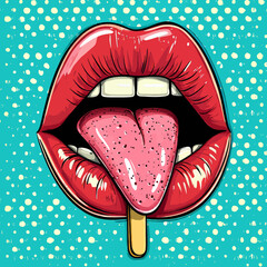 Pop art style icon of a sexy mouth with tongue out and an ice cream in a modern illustration design