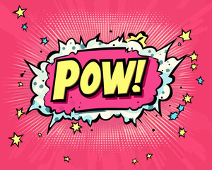 Pow expression illustrated in a modern design with explosion and thunderbolt elements in pop art style