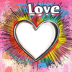 This frame showcases a pop art pattern with hearts, distinguished by its multi-colored rays in various hues, including red, yellow, turquoise, purple, and pink, and a white heart with a bold black