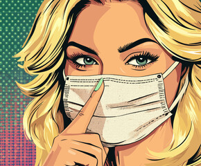 In this image, a masked woman is rendered in pop art style, juxtaposed with a contemporary background that combines retro and comic book aesthetics, designed for print and online advertising, with a