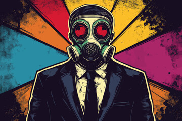 In a pop art representation, a male doctor dons a protective respirator equipped with filtering valves, embodying the concept of defense against COVID-19, coronavirus, chemical weapons, biological