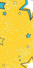This backdrop boasts a bright yellow color, characteristic of comic book style pop art, with a dynamic explosion cartoon illustration, blended with a retro modern vintage flair