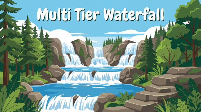 multi tier waterfall descends through layered rock steps, creating rhythmic movement and depth within a forested mountain environment