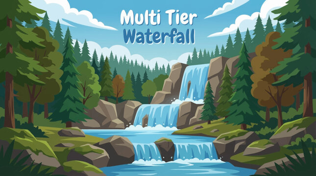 multi tier waterfall descends through layered rock steps, creating rhythmic movement and depth within a forested mountain environment