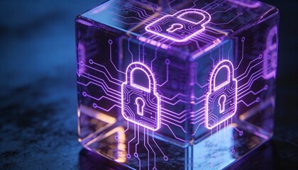 glowing encrypted data cube with lock symbols, encryption concept