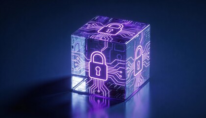 glowing encrypted data cube with lock symbols, encryption concept
