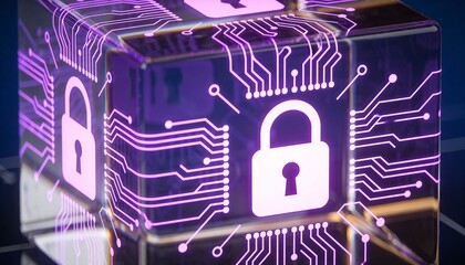 glowing encrypted data cube with lock symbols, encryption concept
