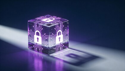 glowing encrypted data cube with lock symbols, encryption concept