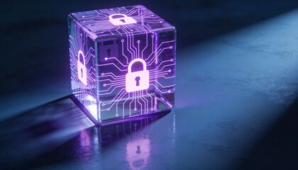 glowing encrypted data cube with lock symbols, encryption concept