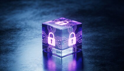 glowing encrypted data cube with lock symbols, encryption concept